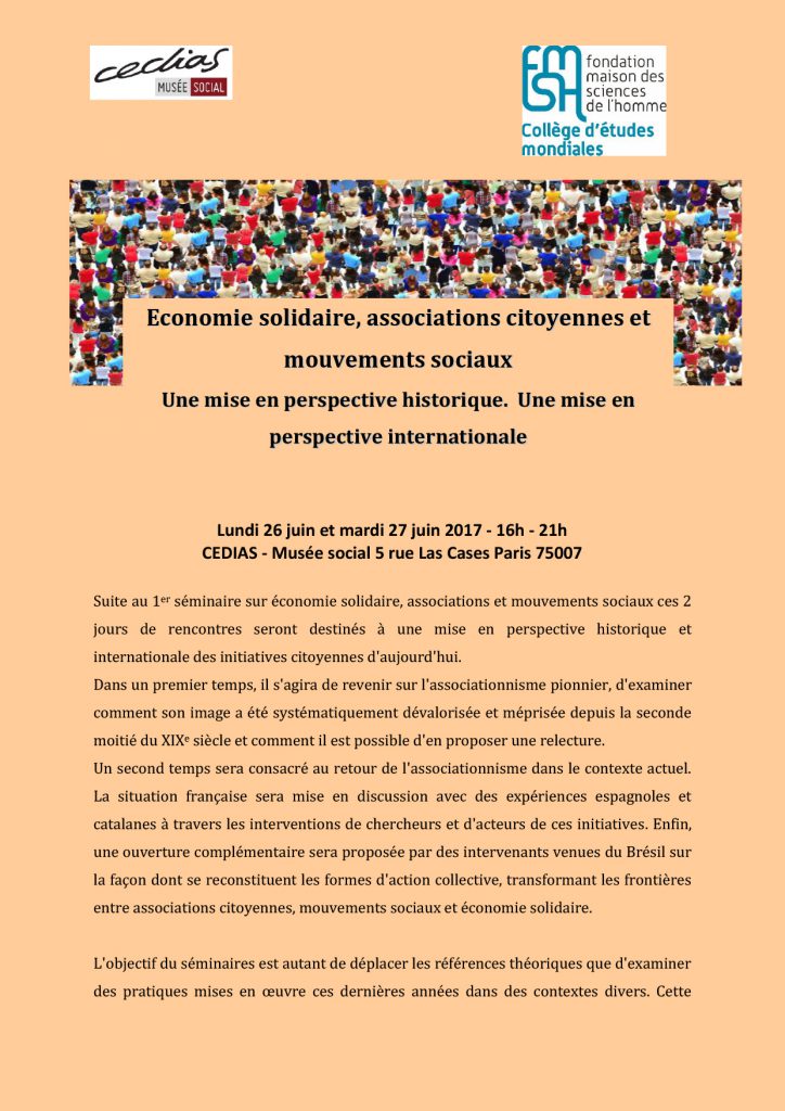 Économie Solidaire, Associations Citoyennes et Mouvements Sociaux. Une mise en perspective historique et internationale. 26/27 juin.